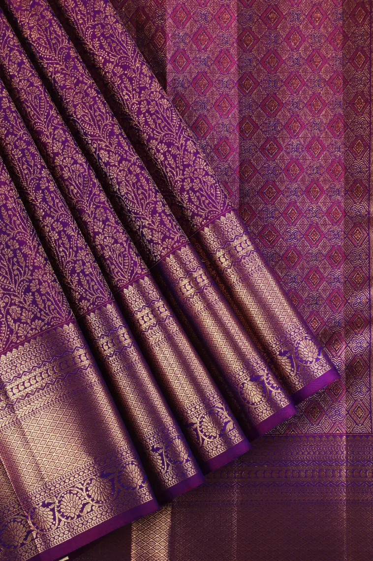 Magenta Purple Kanchipuram Silk Sarees with Gold Zari Floral Patterns view 1
