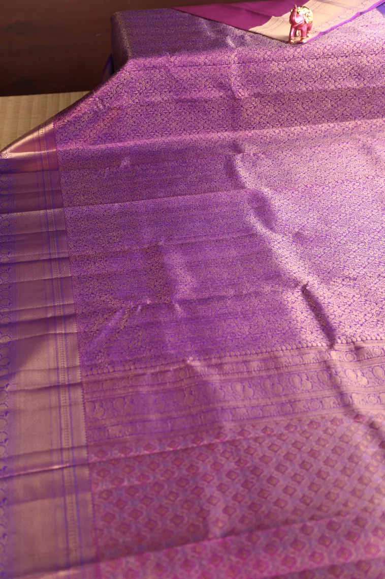 Magenta Purple Kanchipuram Silk Sarees with Gold Zari Floral Patterns view 2