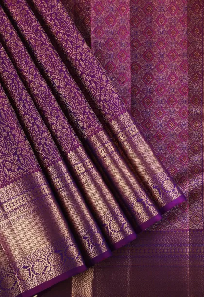 Magenta Purple Kanchipuram Silk Sarees with Gold Zari Floral Patterns