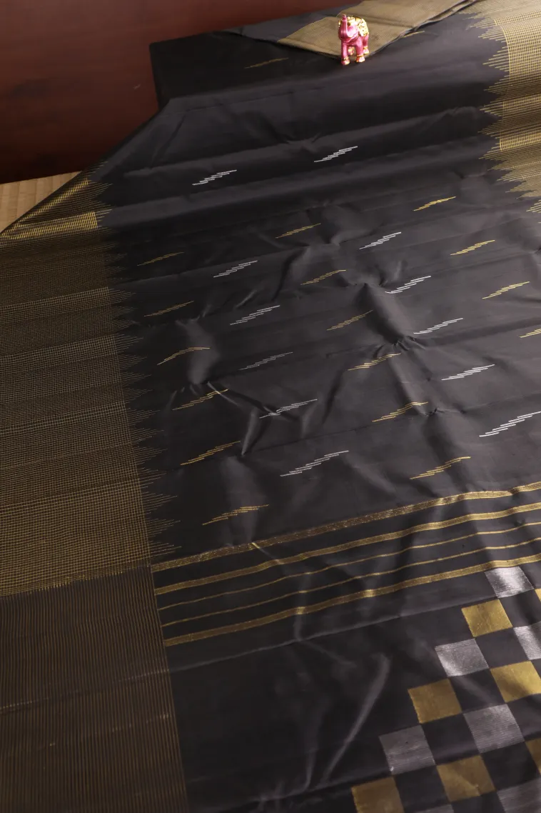 Olive Black Kanchipuram Silk Sarees with Gold And Silver Zari Buttis (small Dots Or Motifs) view 2