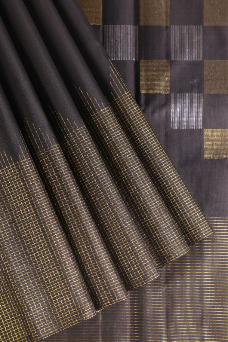 Olive Black Kanchipuram Silk Sarees with Gold And Silver Zari Buttis (small Dots Or Motifs)