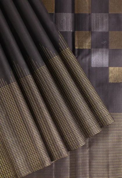 Olive Black Kanchipuram Silk Sarees with Gold And Silver Zari Buttis (small Dots Or Motifs)