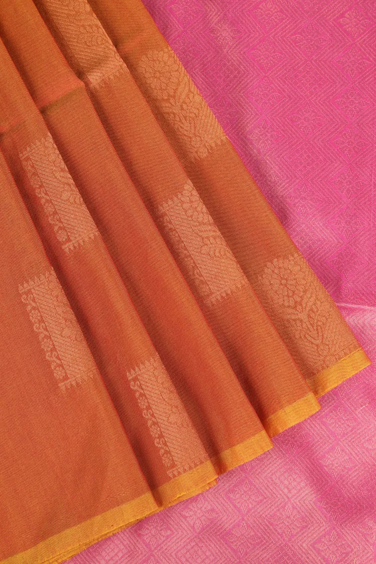 Ginger Orange Silk Cotton Sarees with Copper Zari Flower Mottif