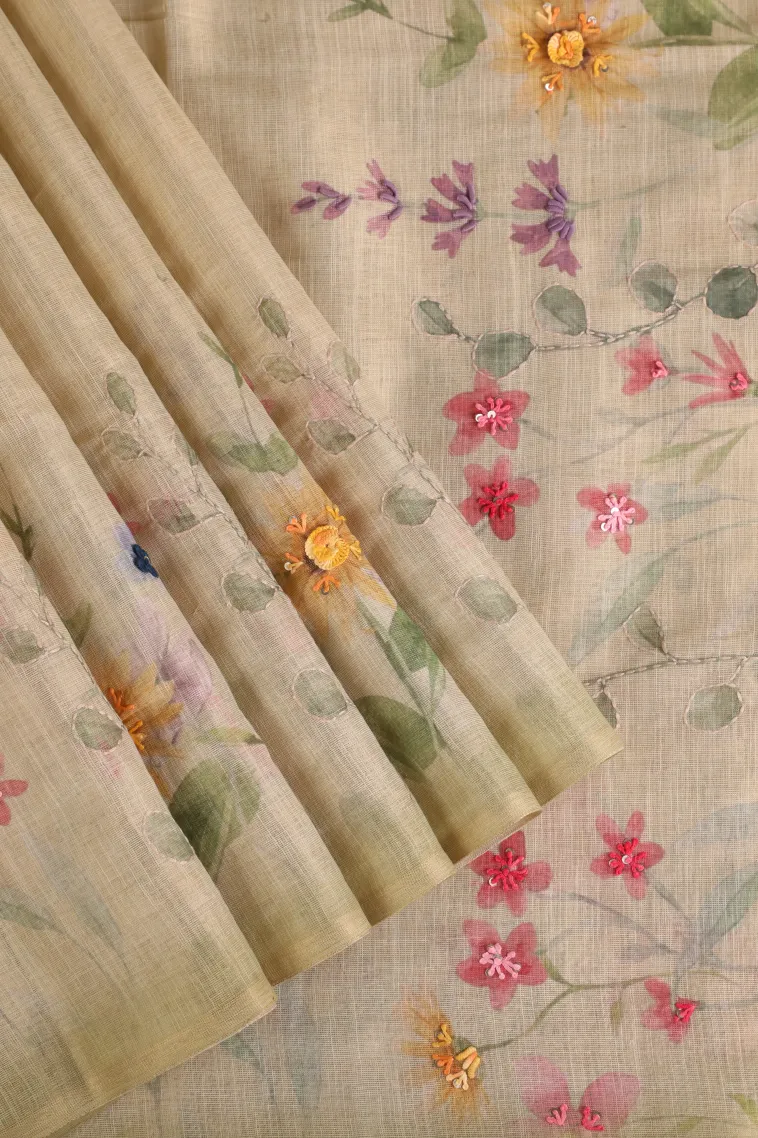 Pistachio Green Tissue Silk Sarees with Thread Zari Floral Patterns