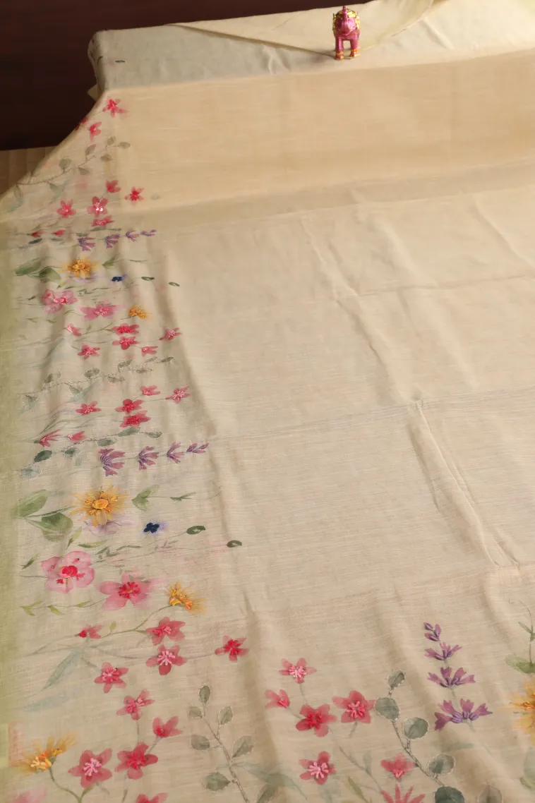 Pistachio Green Tissue Silk Sarees with Thread Zari Floral Patterns view 2