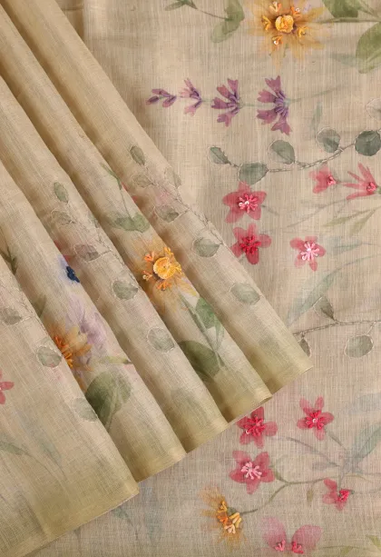 Pistachio Green Tissue Silk Sarees with Thread Zari Floral Patterns