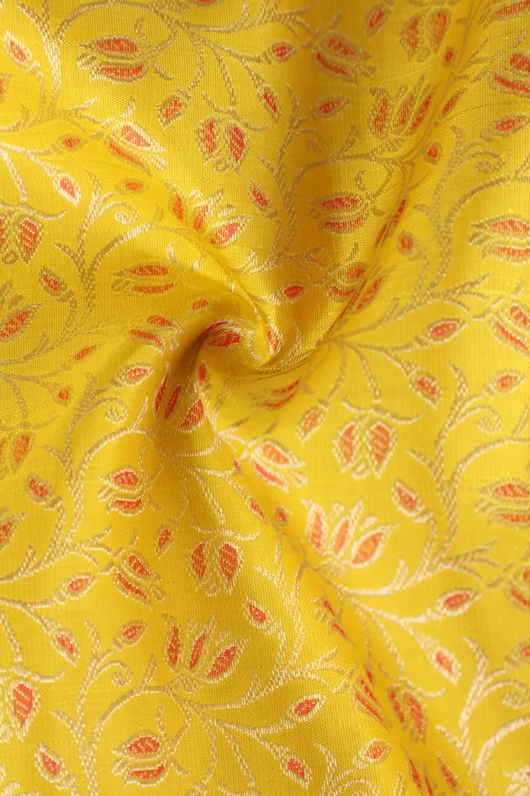 Lemon Yellow Kanchipuram Silk Sarees with Silver Zari Floral Patterns view 4