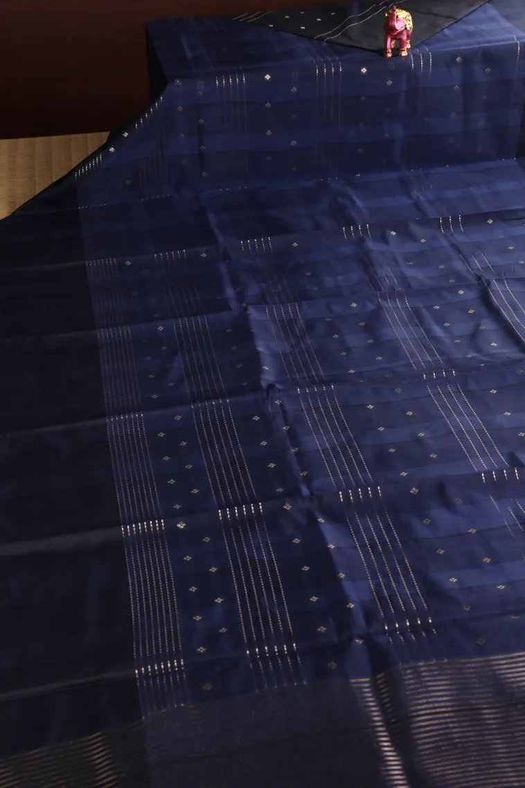 Denim Blue Soft Silk Sarees with Gold Zari Straipes And Puttas view 2