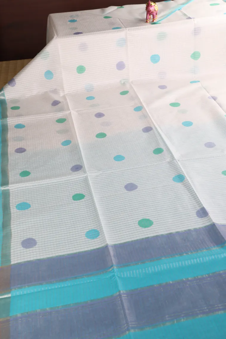 Cotton White Semi Tussar Silk with Gold And Silver Zari Small Checks Pattern view 2