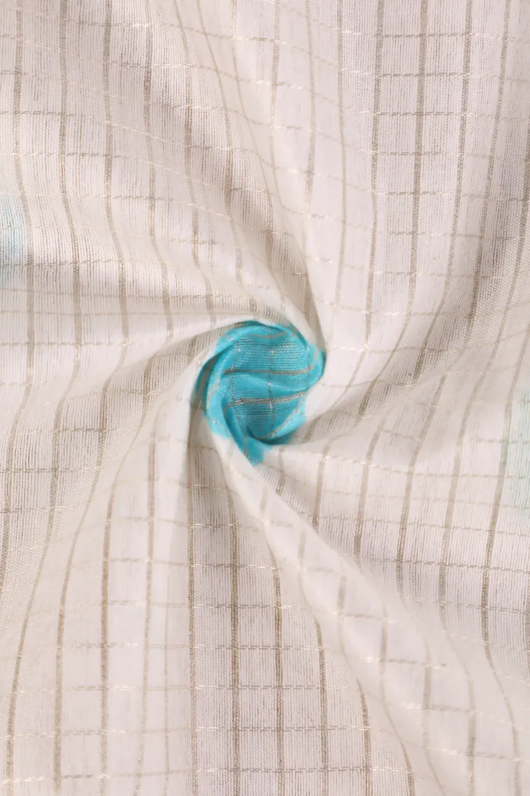 Cotton White Semi Tussar Silk with Gold And Silver Zari Small Checks Pattern view 4