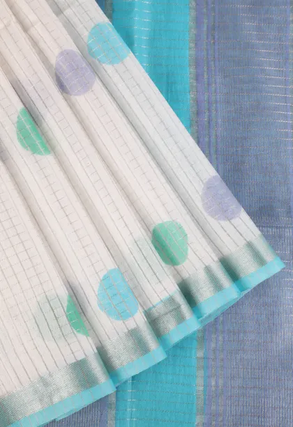 Cotton White Semi Tussar Silk with Gold And Silver Zari Small Checks Pattern