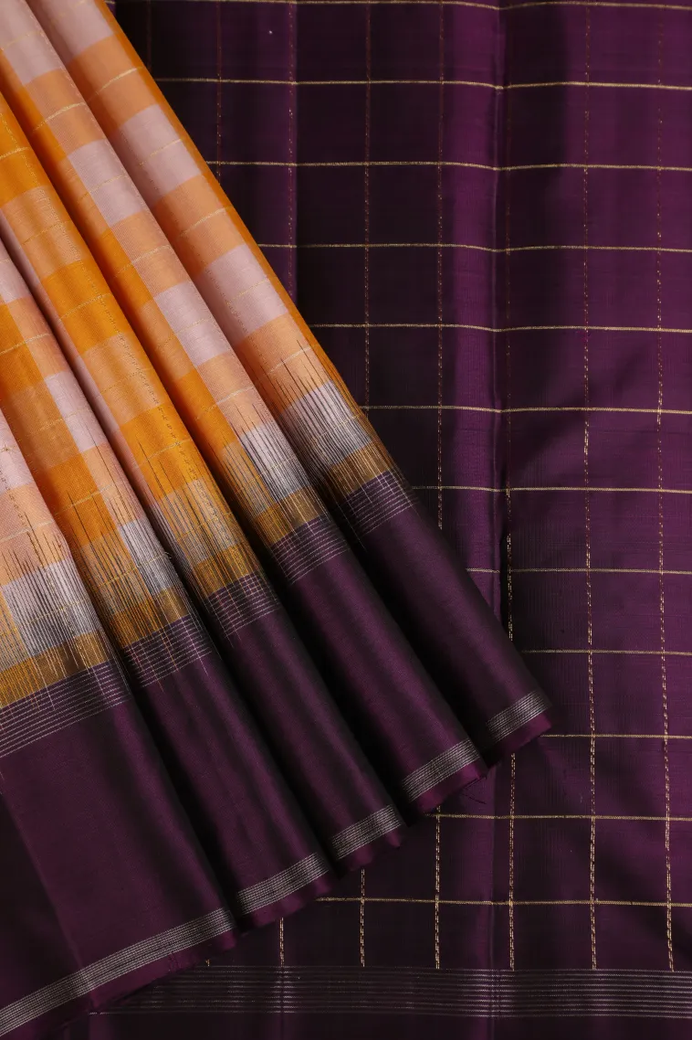 Coconut White Soft Silk Saree with Gold And Silver Zari Checks