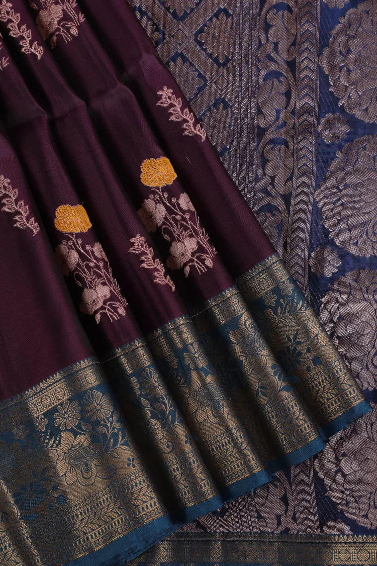 Bosenberry Purple Soft Silk Saree with Gold Zari Flower Mottif