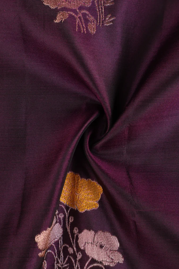 Bosenberry Purple Soft Silk Saree with Gold Zari Flower Mottif view 4