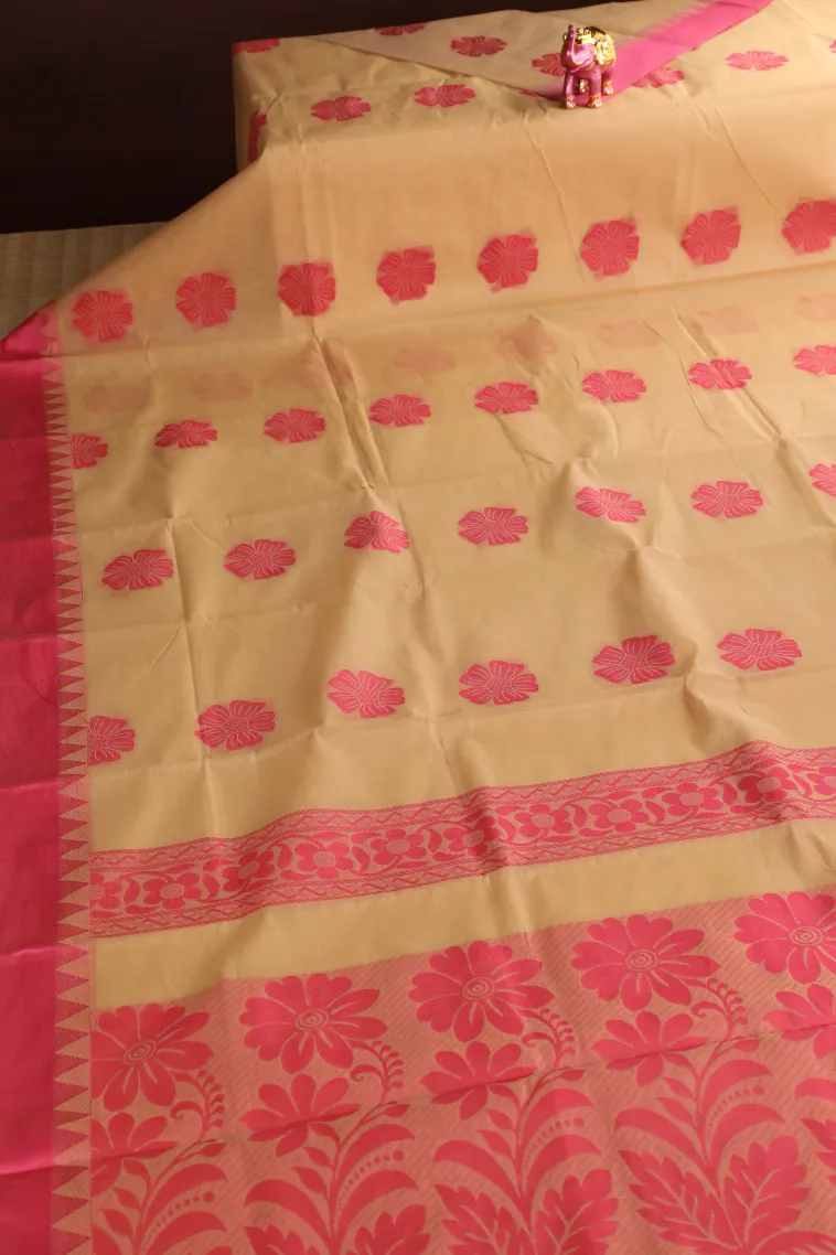 Sandollar Yellow Silk Cotton Without Zari With Flower Mottif view 2
