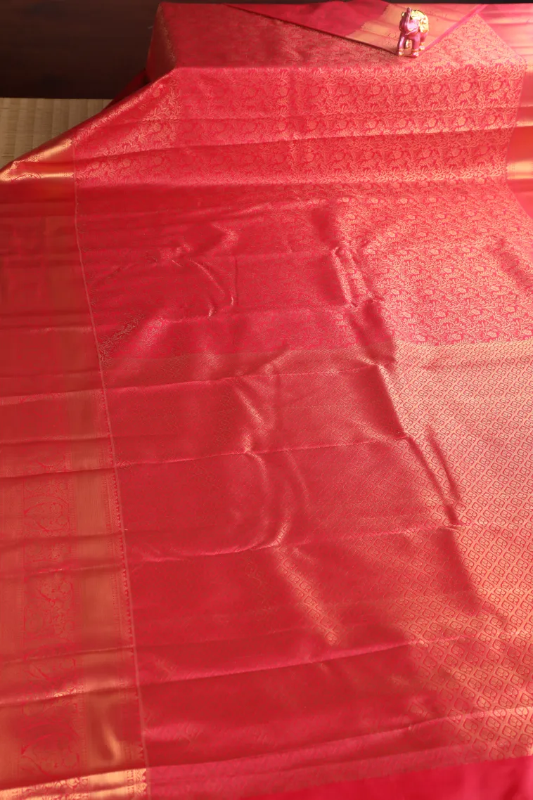 Punch Pink Apoorva Silk Sarees with Gold Zari Floral Patterns view 2