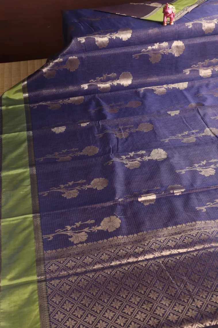 Berry Blue Organza Saree with Gold Zari Straipes And Puttas view 2