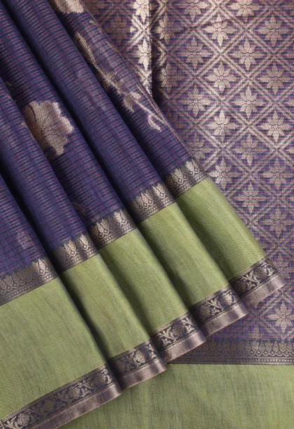 Berry Blue Organza Saree with Gold Zari Straipes And Puttas