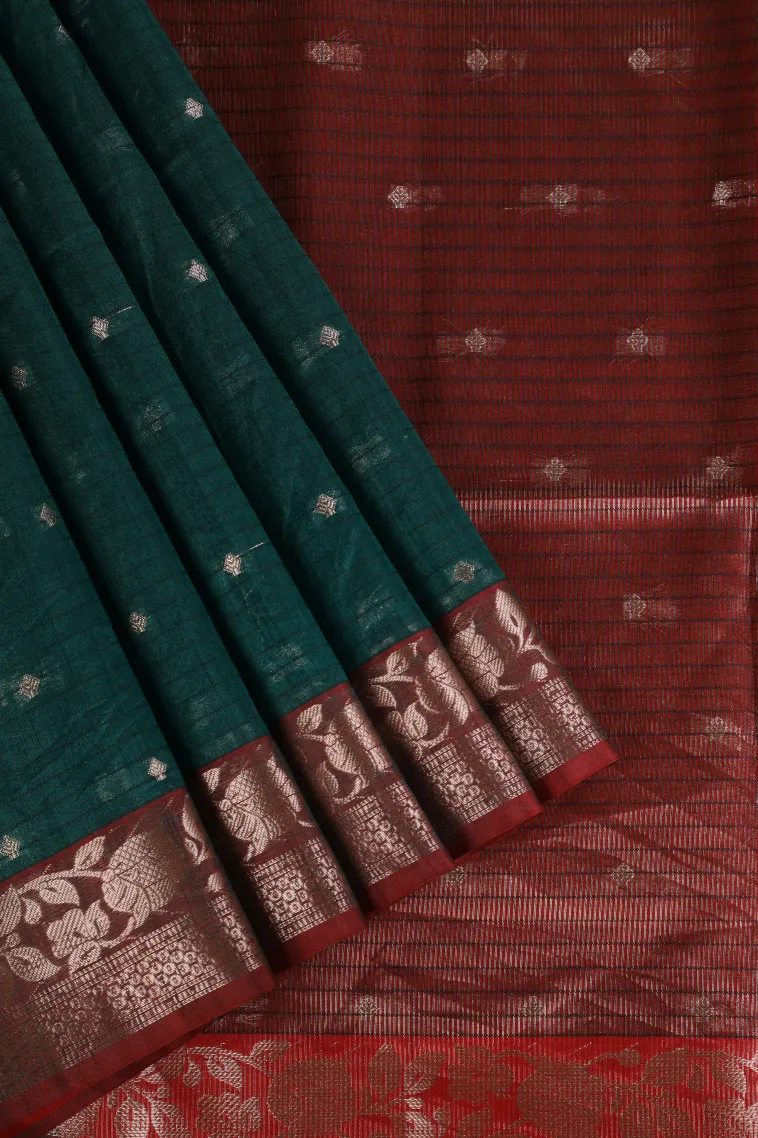 Peacock Blue Semi Tussar Silk with Silver Zari Stripes And Puttas
