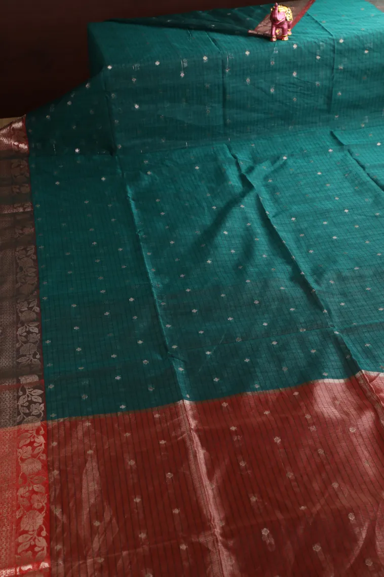Peacock Blue Semi Tussar Silk with Silver Zari Stripes And Puttas view 2