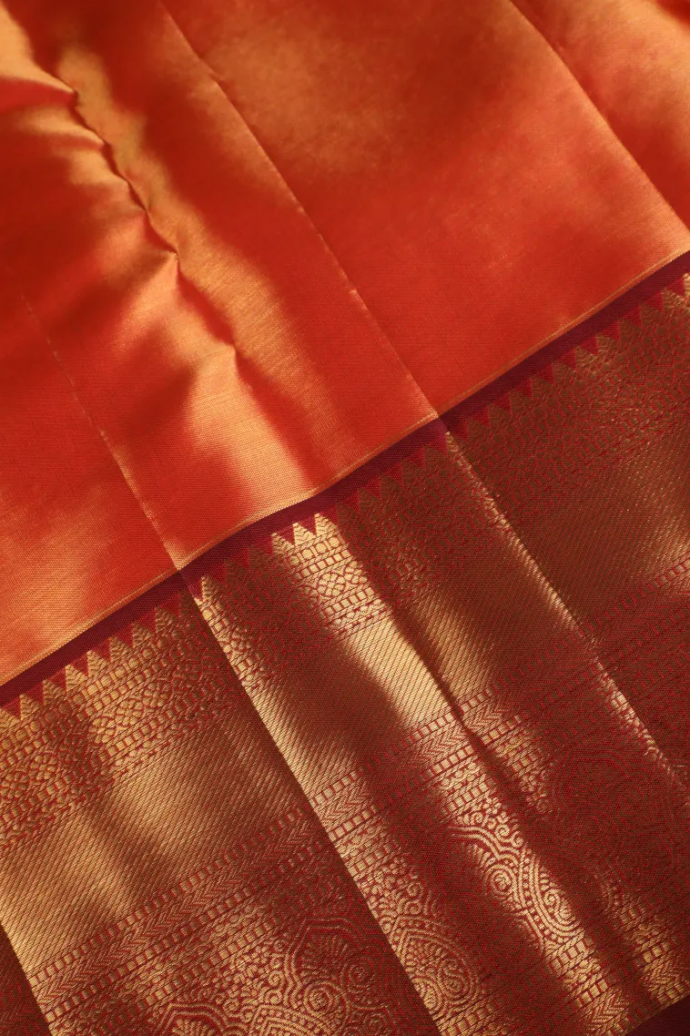 Peach Pink Kanchipuram Silk Sarees with Gold Zari Floral Patterns view 3