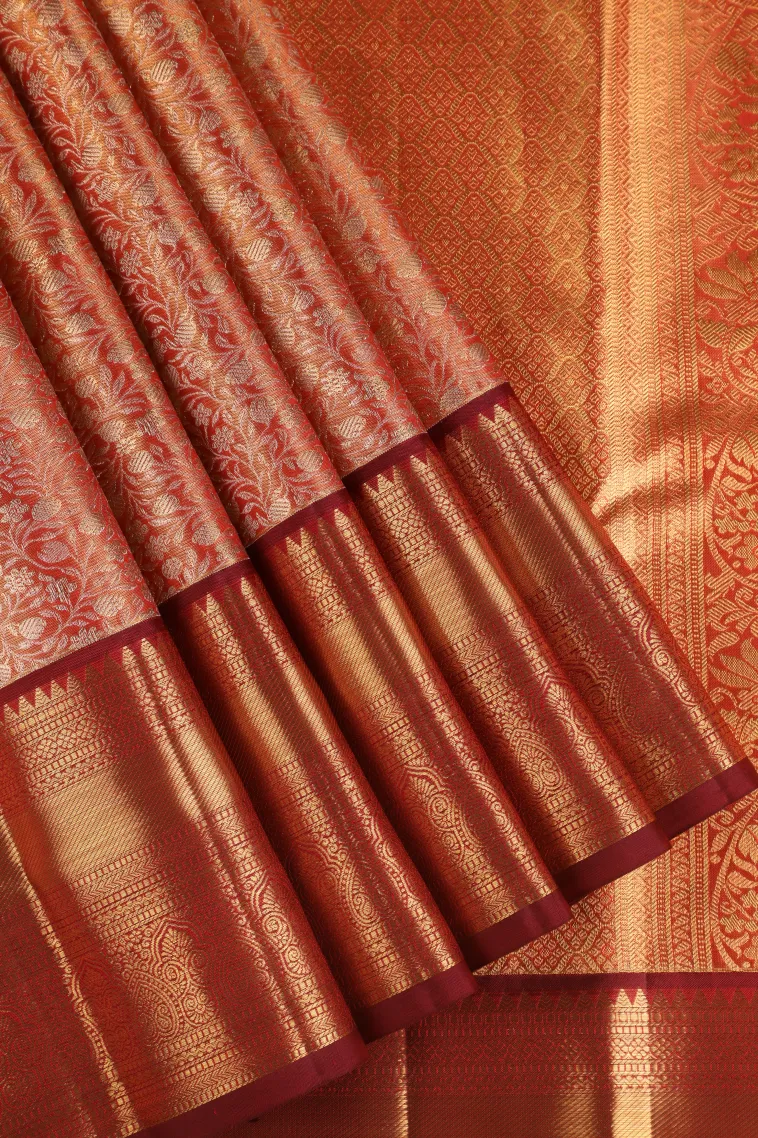 Peach Pink Kanchipuram Silk Sarees with Gold Zari Floral Patterns