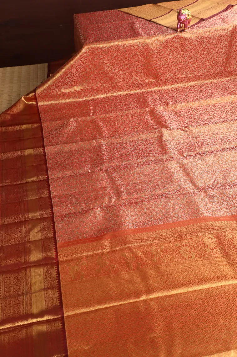 Peach Pink Kanchipuram Silk Sarees with Gold Zari Floral Patterns view 2