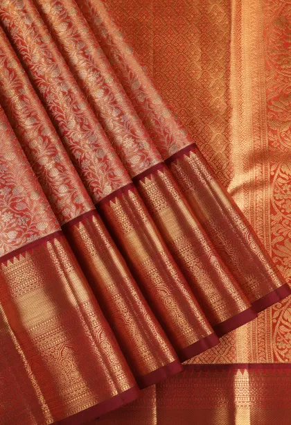 Peach Pink Kanchipuram Silk Sarees with Gold Zari Floral Patterns