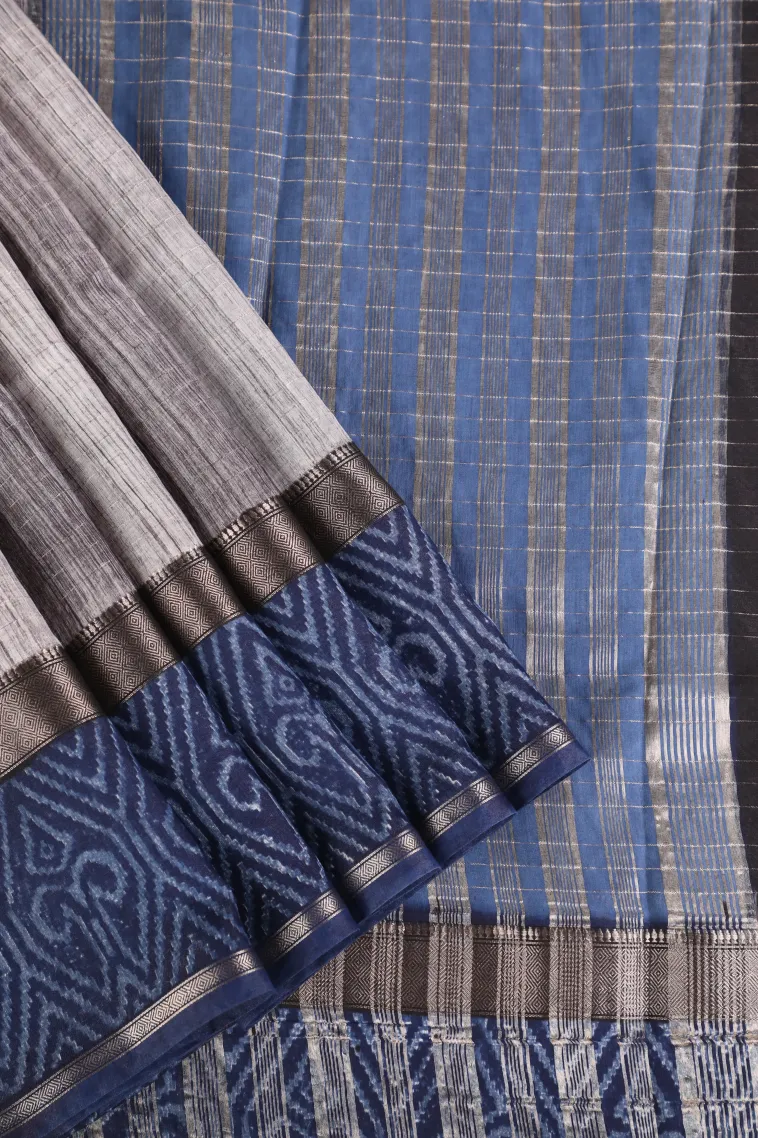 Smoke White Chanderi Cotton Sarees with Gold Zari Stripes