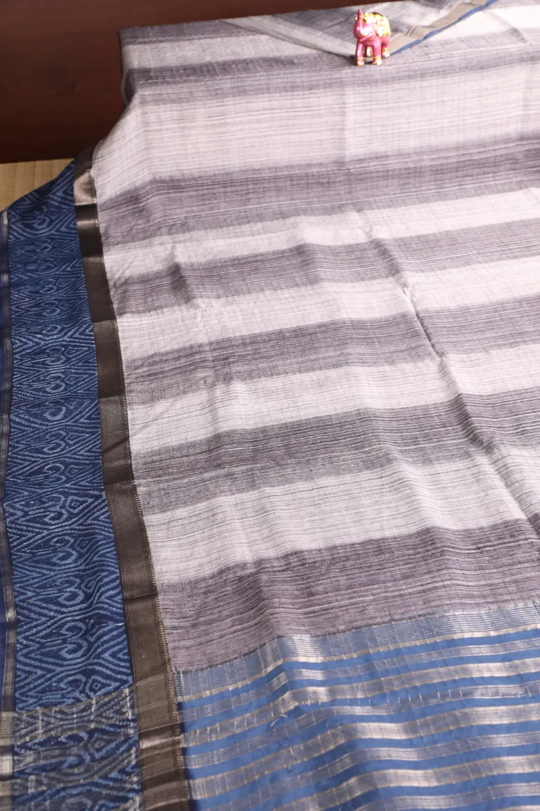 Smoke White Chanderi Cotton Sarees with Gold Zari Stripes view 2