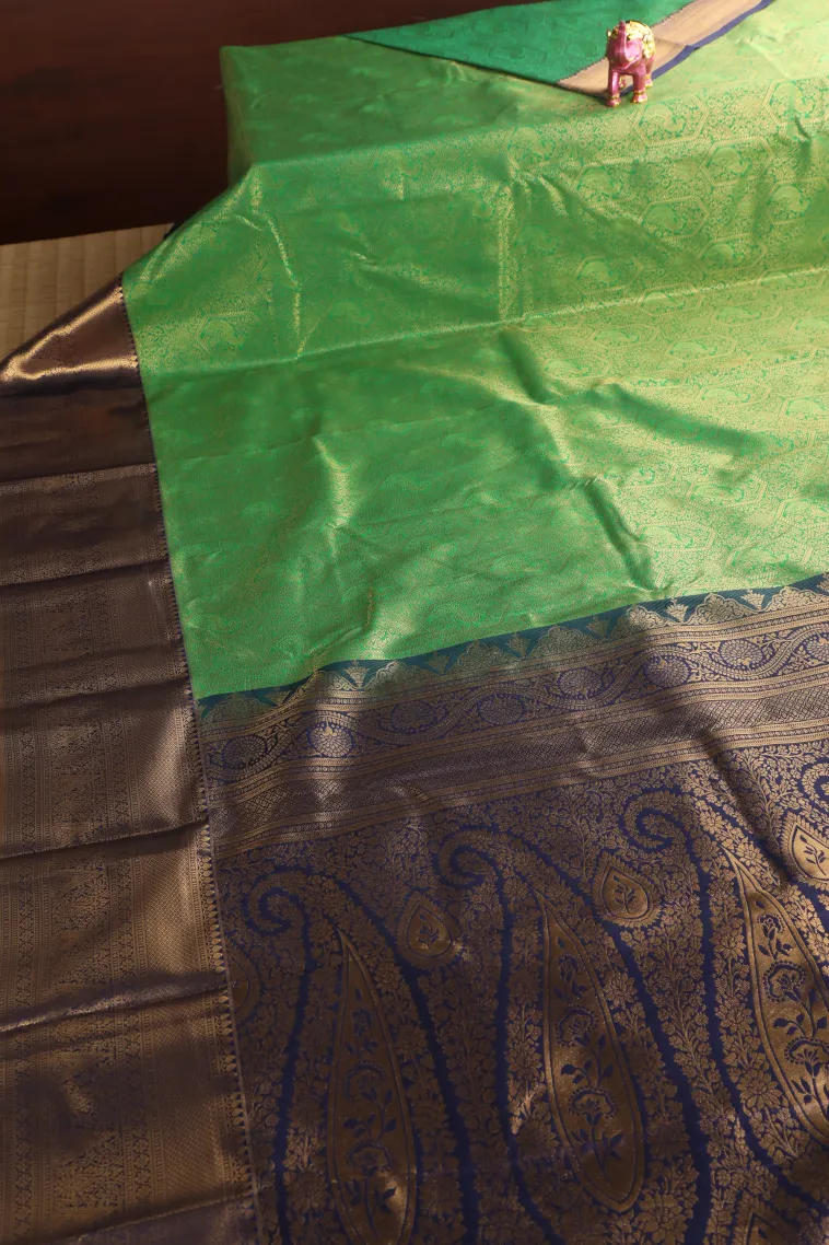 Forest Green Apoorva Silk Sarees with Gold Zari Peacock Motifs view 2