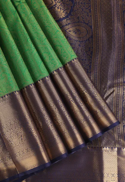 Forest Green Apoorva Silk Sarees with Gold Zari Peacock Motifs