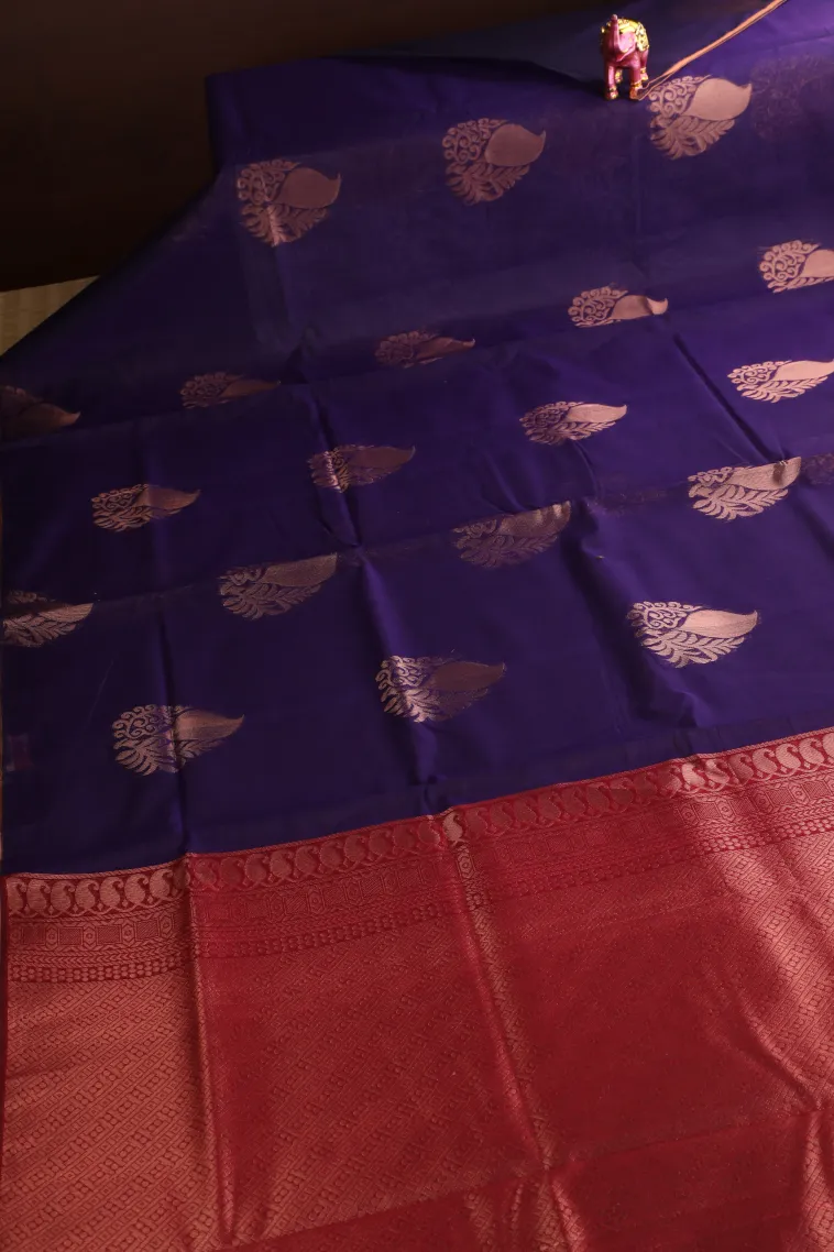 Indigo Blue Silk Cotton with Gold Zari Mango Puttas view 2