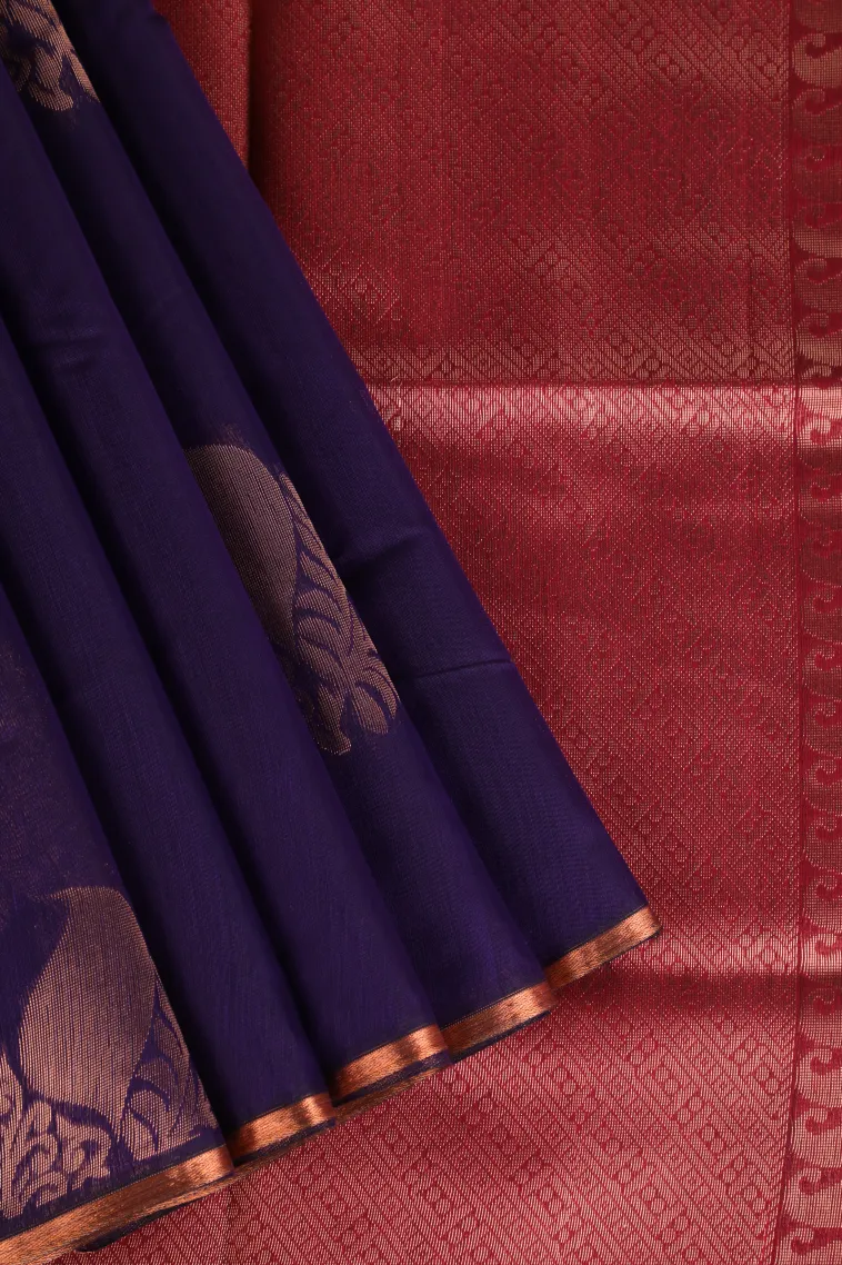 Indigo Blue Silk Cotton with Gold Zari Mango Puttas view 1