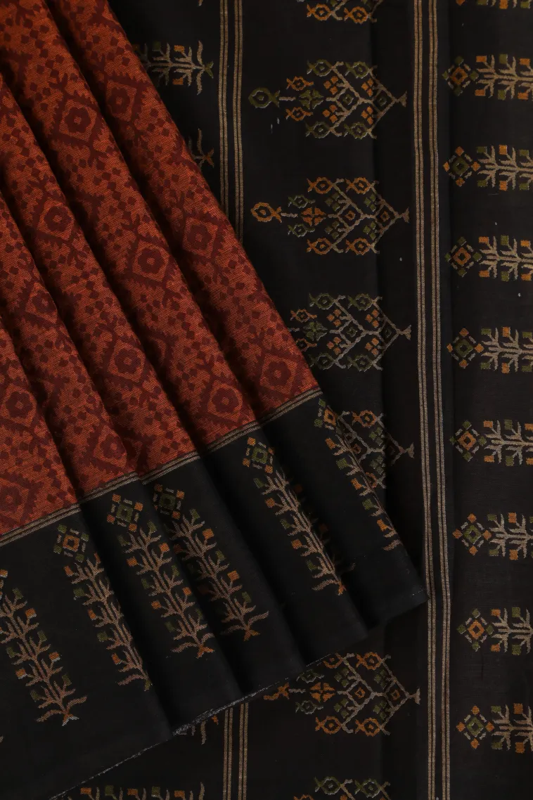 Fire Orange Chanderi Cotton Sarees Without Zari With Geometric Shapes