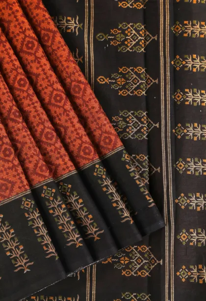 Fire Orange Chanderi Cotton Sarees Without Zari With Geometric Shapes