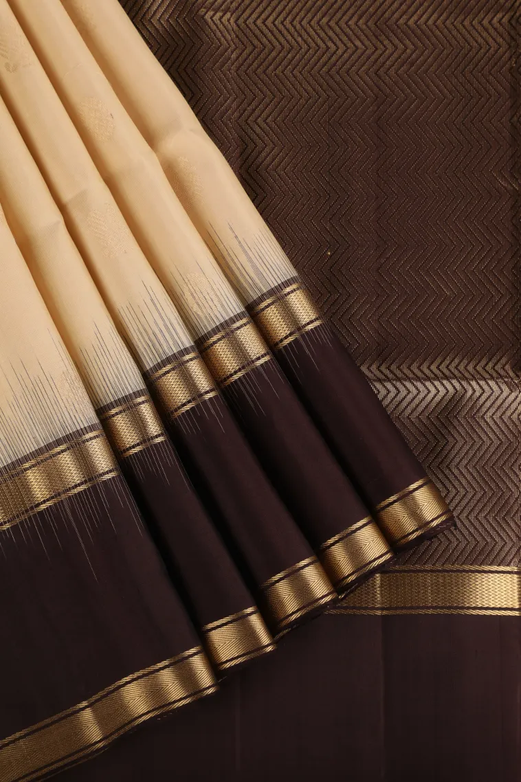 Cream White Soft Silk Saree with Gold Zari Peacock And Rudhractam