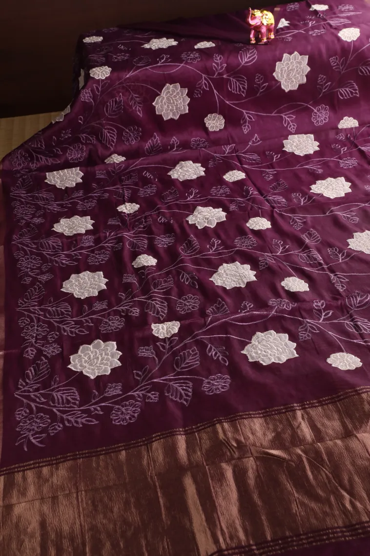 Bosenberry Purple Tissue Silk Sarees with Gold Zari Floral Patterns view 2