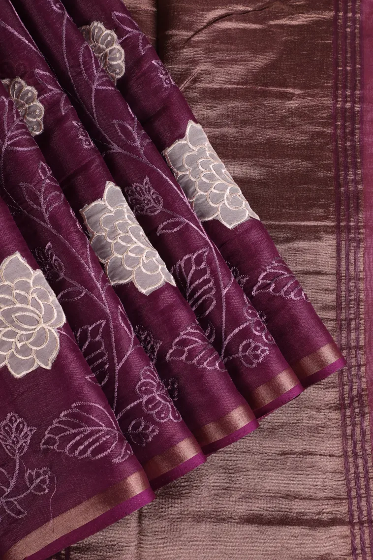 Bosenberry Purple Tissue Silk Sarees with Gold Zari Floral Patterns