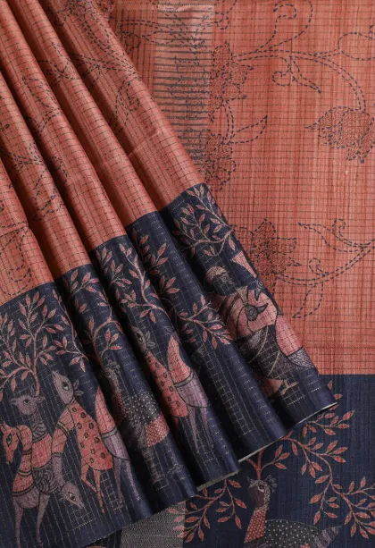 Blush Red Tussar Saree with Thread Zari Floral Patterns