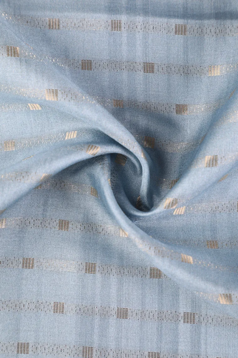 Stone Blue Semi Tussar Silk with Gold Zari Stripes view 4