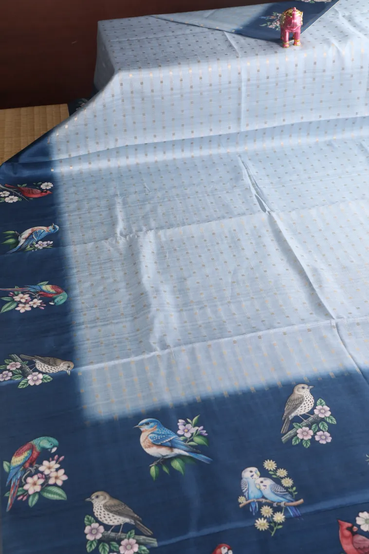Stone Blue Semi Tussar Silk with Gold Zari Stripes view 2