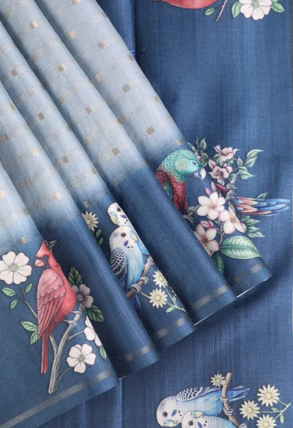 Stone Blue Semi Tussar Silk with Gold Zari Stripes