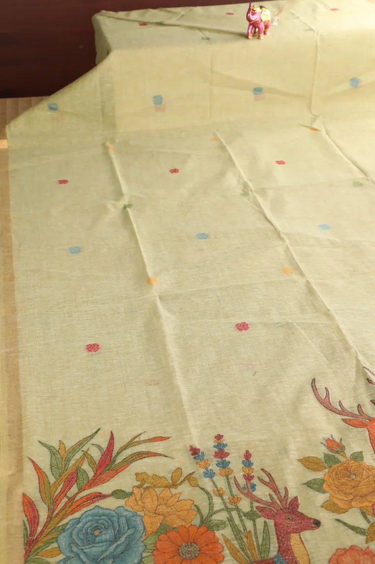 Olive Green Linen Saree with Gold Zari Flower Mottif view 2