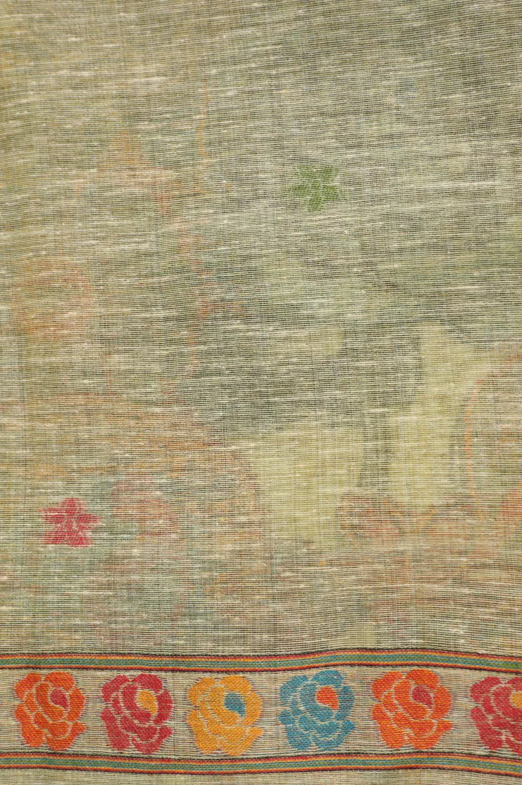 Olive Green Linen Saree with Gold Zari Flower Mottif view 3