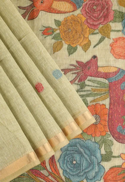 Olive Green Linen Saree with Gold Zari Flower Mottif