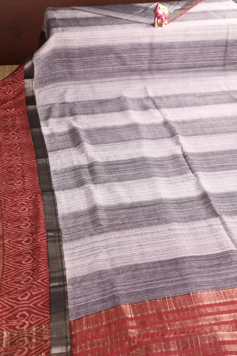 Smoke White Chanderi Cotton Sarees with Gold Zari Stripes view 2