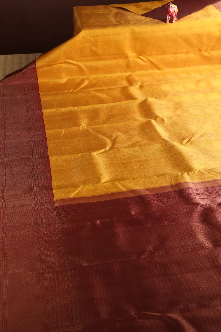 Lemon Yellow Kanchipuram Silk Sarees with Gold Zari Checks And Puttas view 2