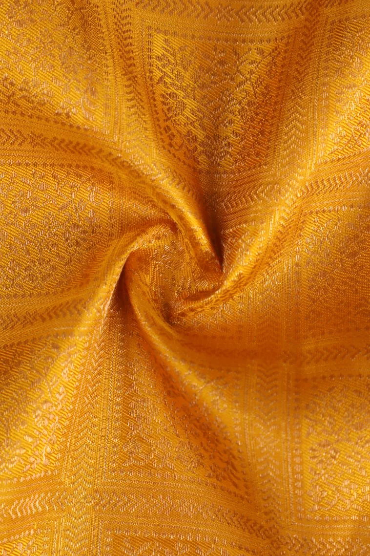 Lemon Yellow Kanchipuram Silk Sarees with Gold Zari Checks And Puttas view 4