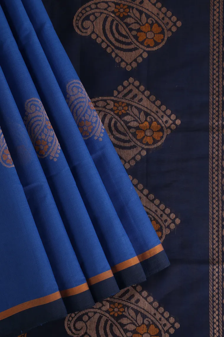 Cobalt Blue Pure Handloom Kovai Cotton with Gold Zari Mango Puttas